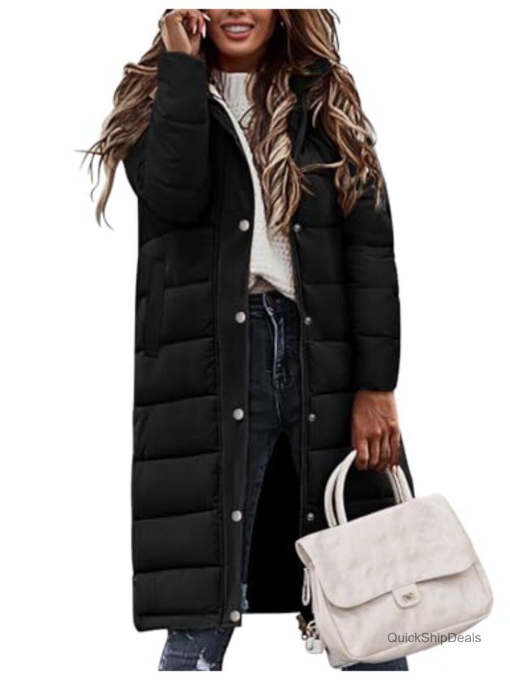 Women's Long Puffer Coat Hooded Quilted Winter Jacket Full Zip Side Pockets